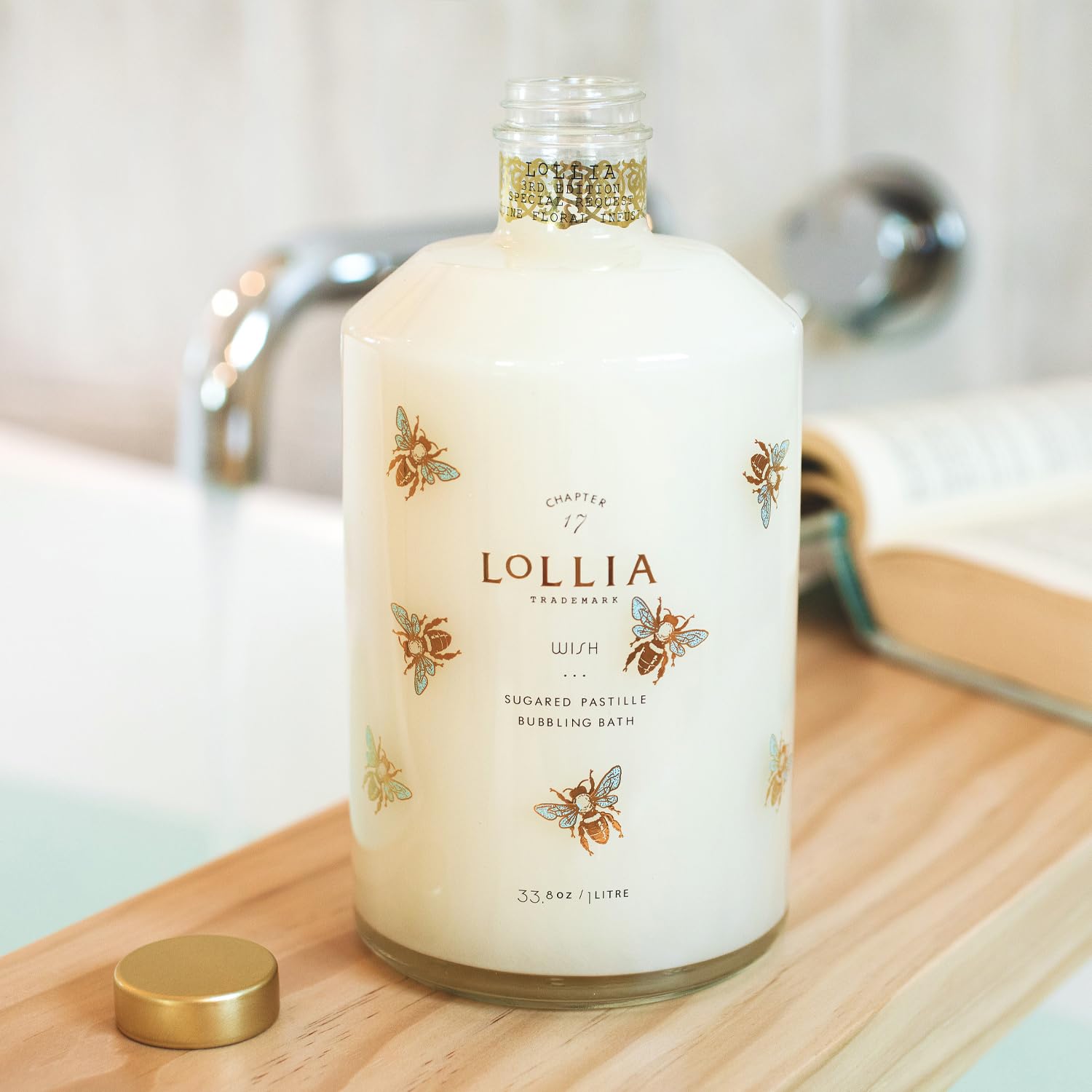 LOLLIA Wish Bubble Bath bubbles closeup shows creamy lather for gentle cleansing.