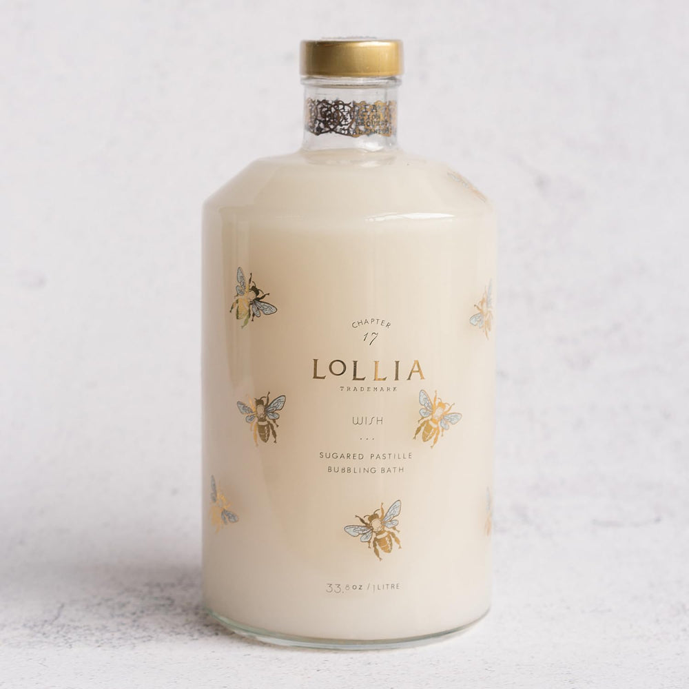 LOLLIA Wish Bubble Bath glass decanter enhances a luxurious, spa-like bath experience.