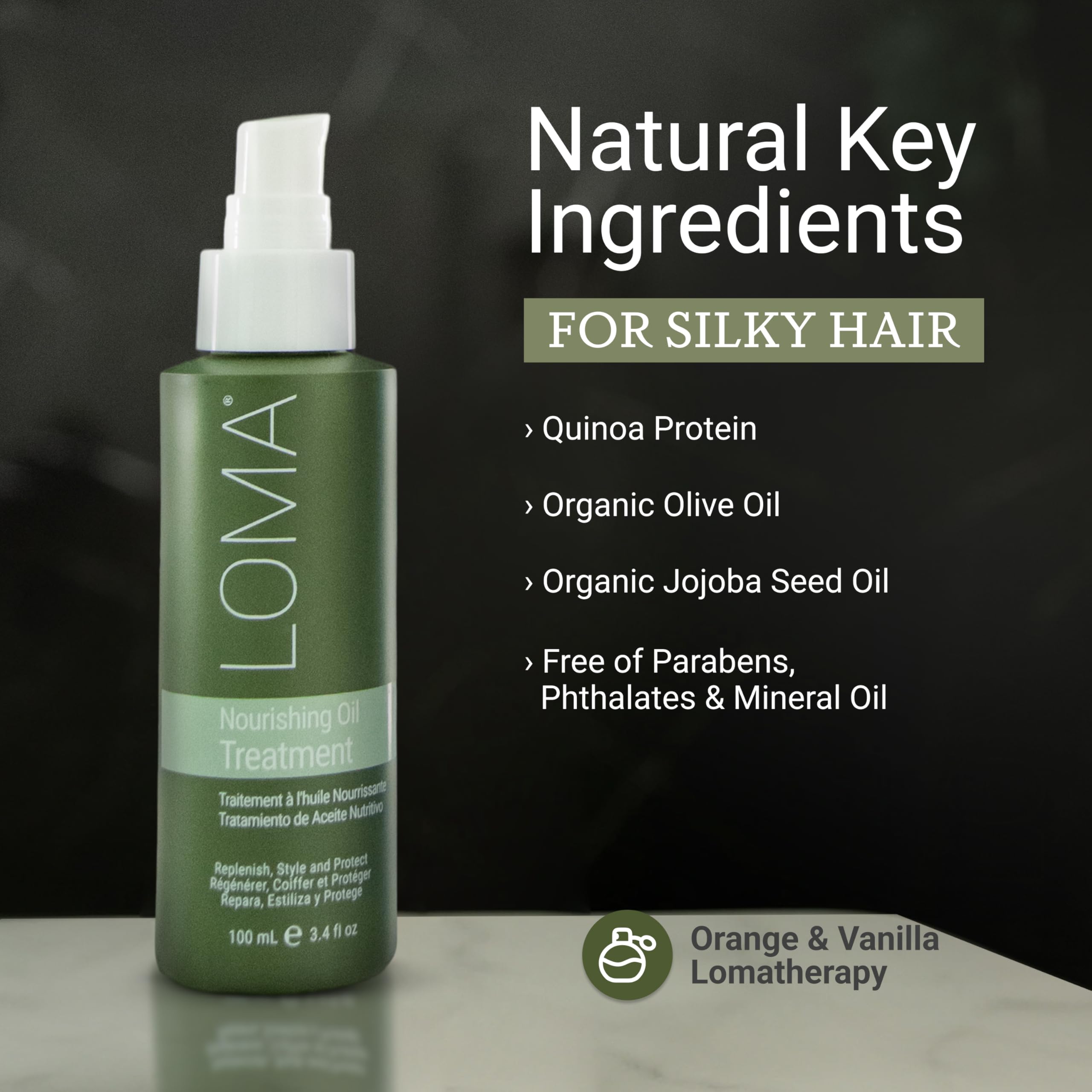 LOMA Nourishing Oil Treatment bottle demonstrates instant shine and smooth hair.