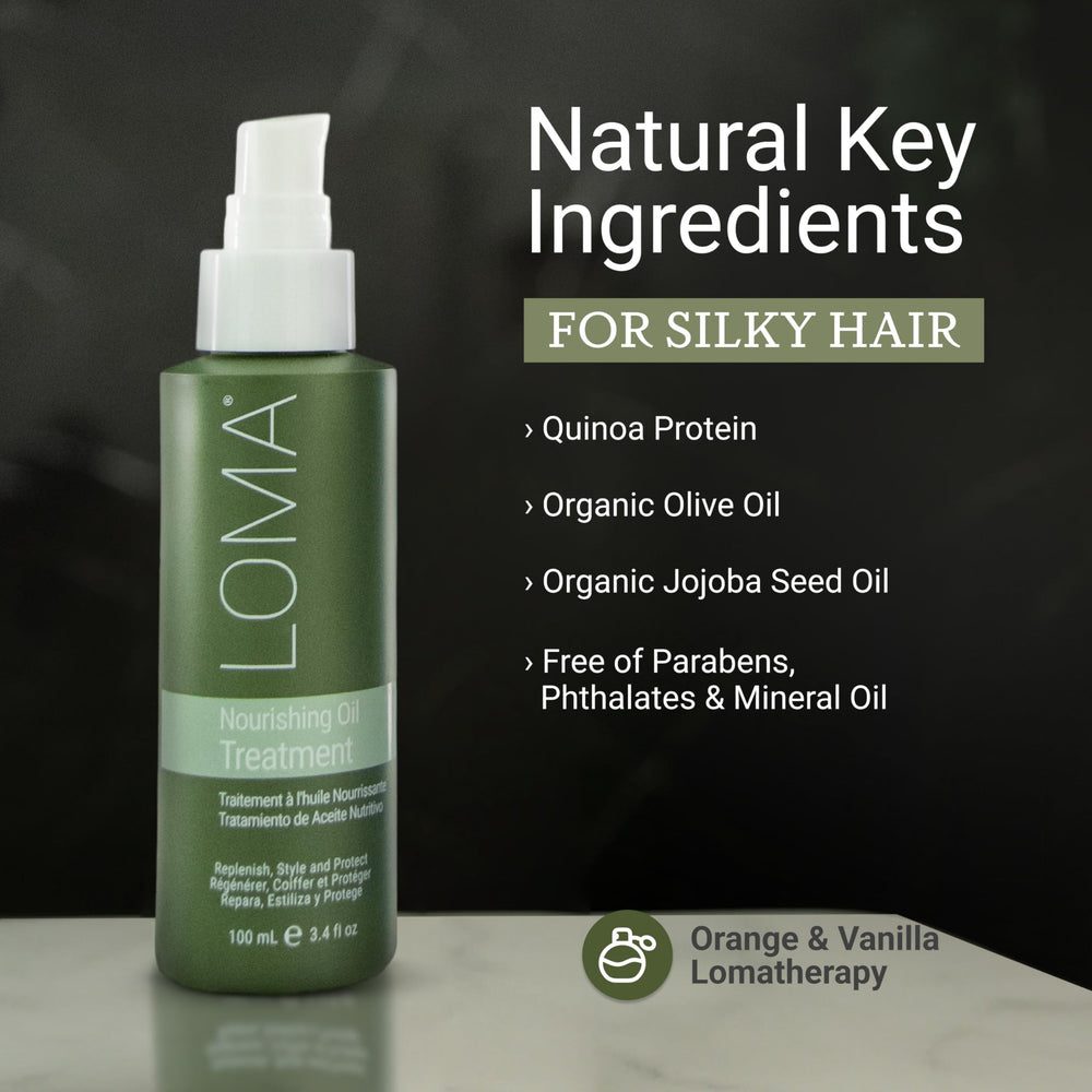 LOMA Nourishing Oil Treatment bottle demonstrates instant shine and smooth hair.