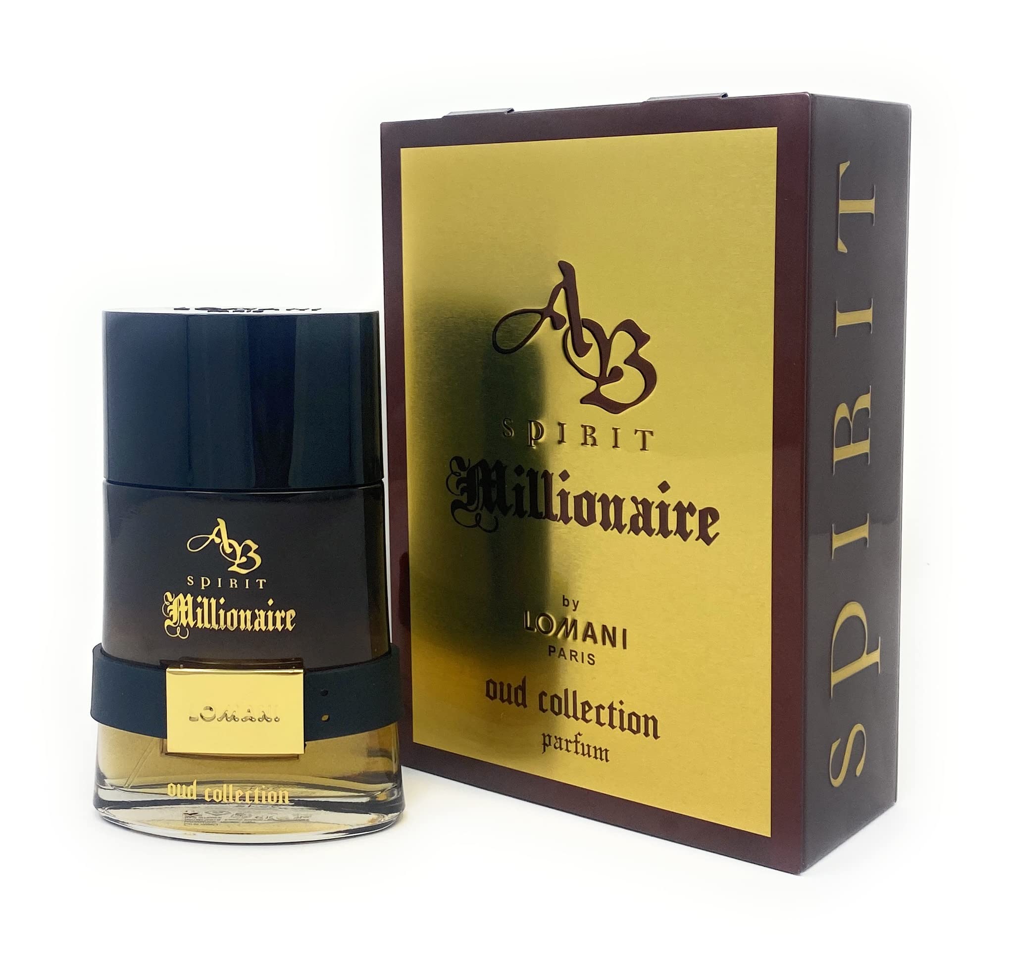 Lomani AB Spirit Millionaire Oud bottle close-up shows luxury texture