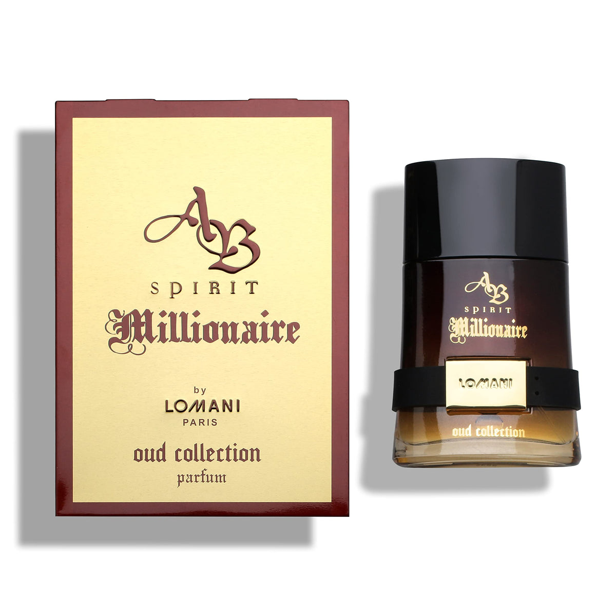 Lomani AB Spirit Millionaire Oud bottle front, signaling bold evening wear