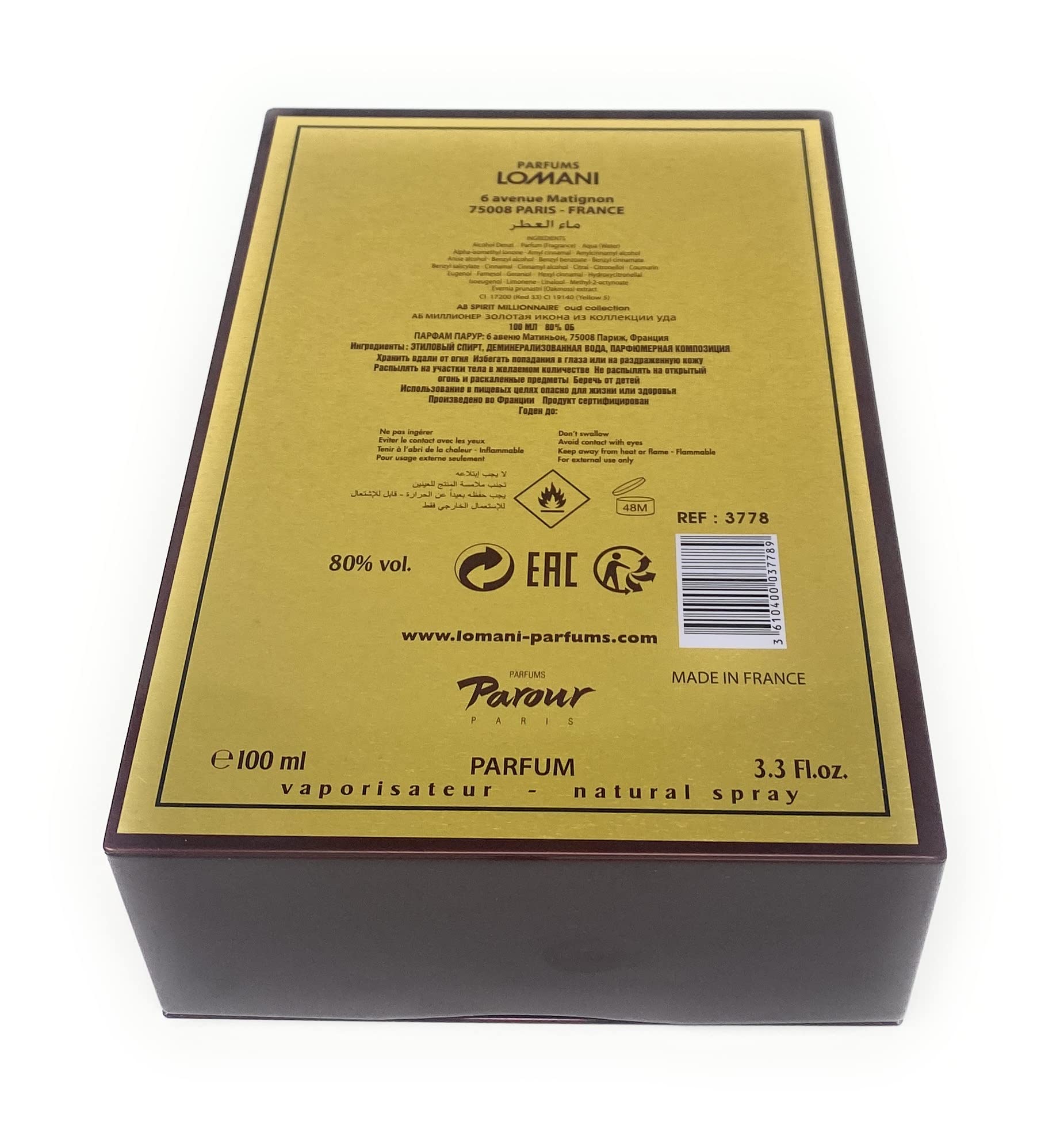 Lomani AB Spirit Millionaire Oud packaging reinforces premium luxury