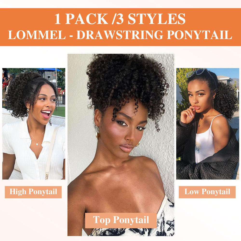 Lommel ponytail extension afro-kinky-curly close-up highlights natural volume and bounce.