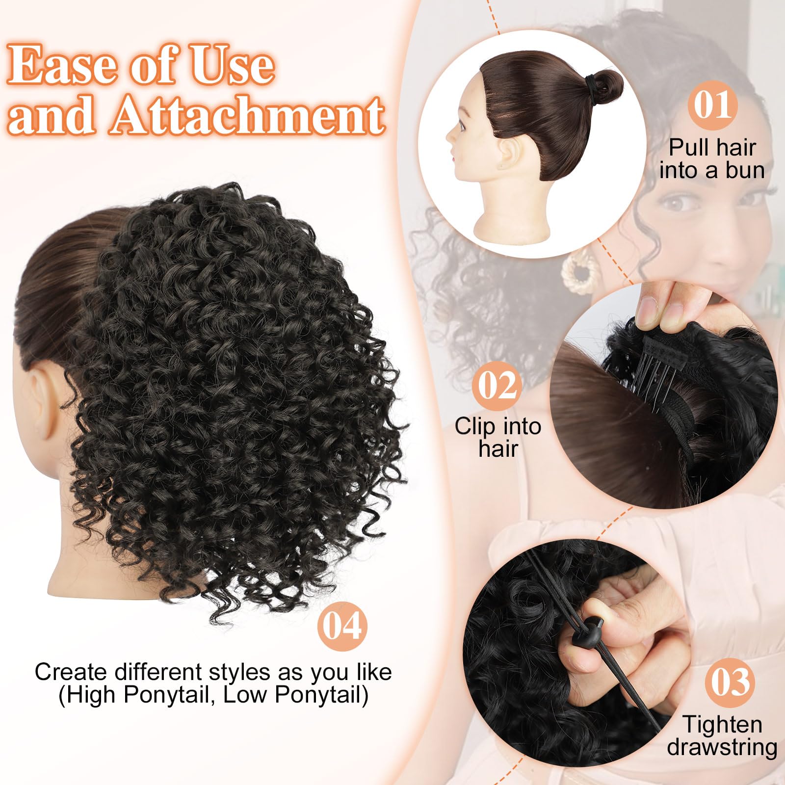 Lommel ponytail extension application step with bun and drawstring setup.