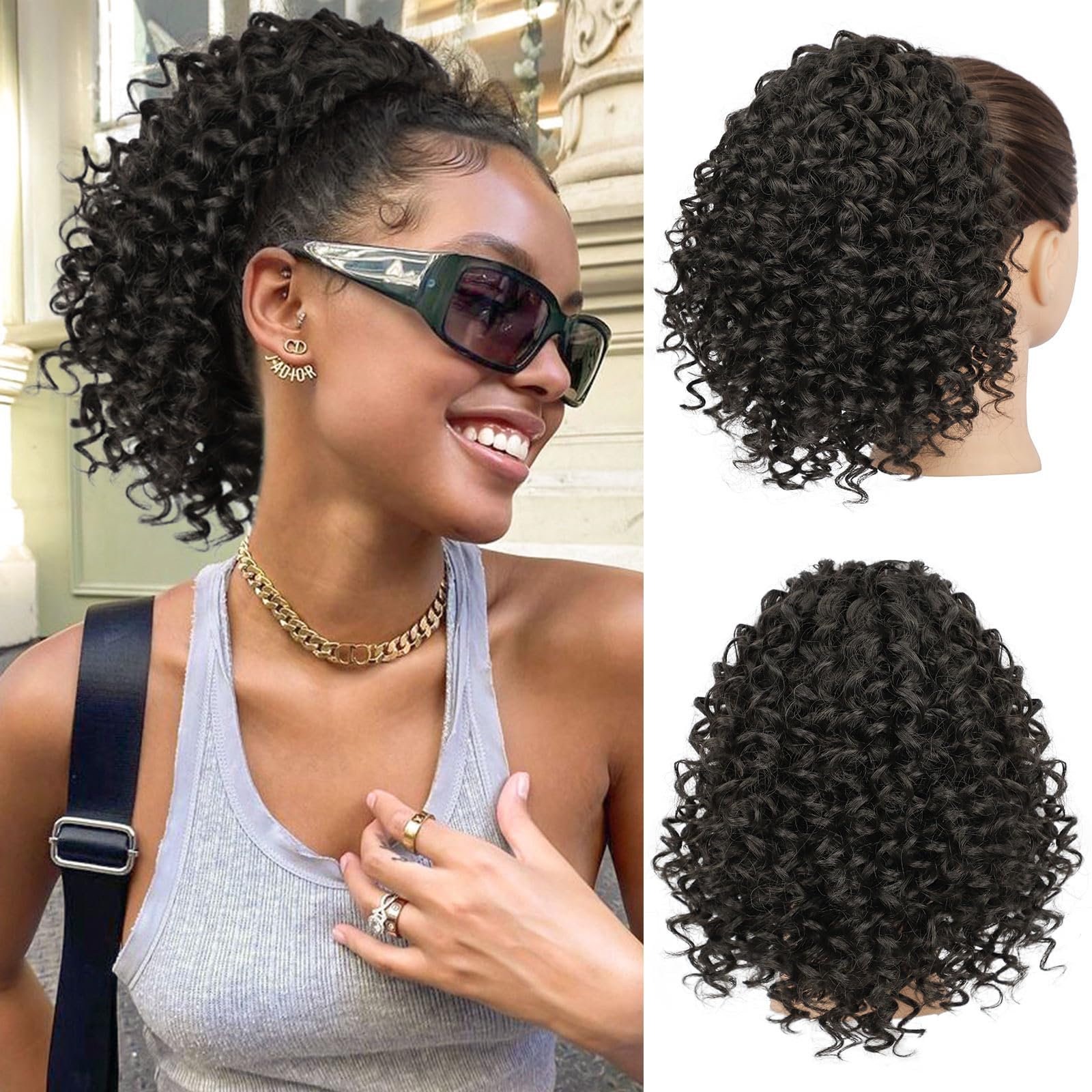 Lommel ponytail extension close-up shows secure drawstring and clips for lasting hold.