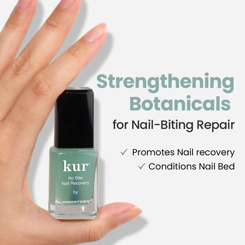 LONDONTOWN No Bite Nail Recovery texture close-up emphasizes botanical formula.