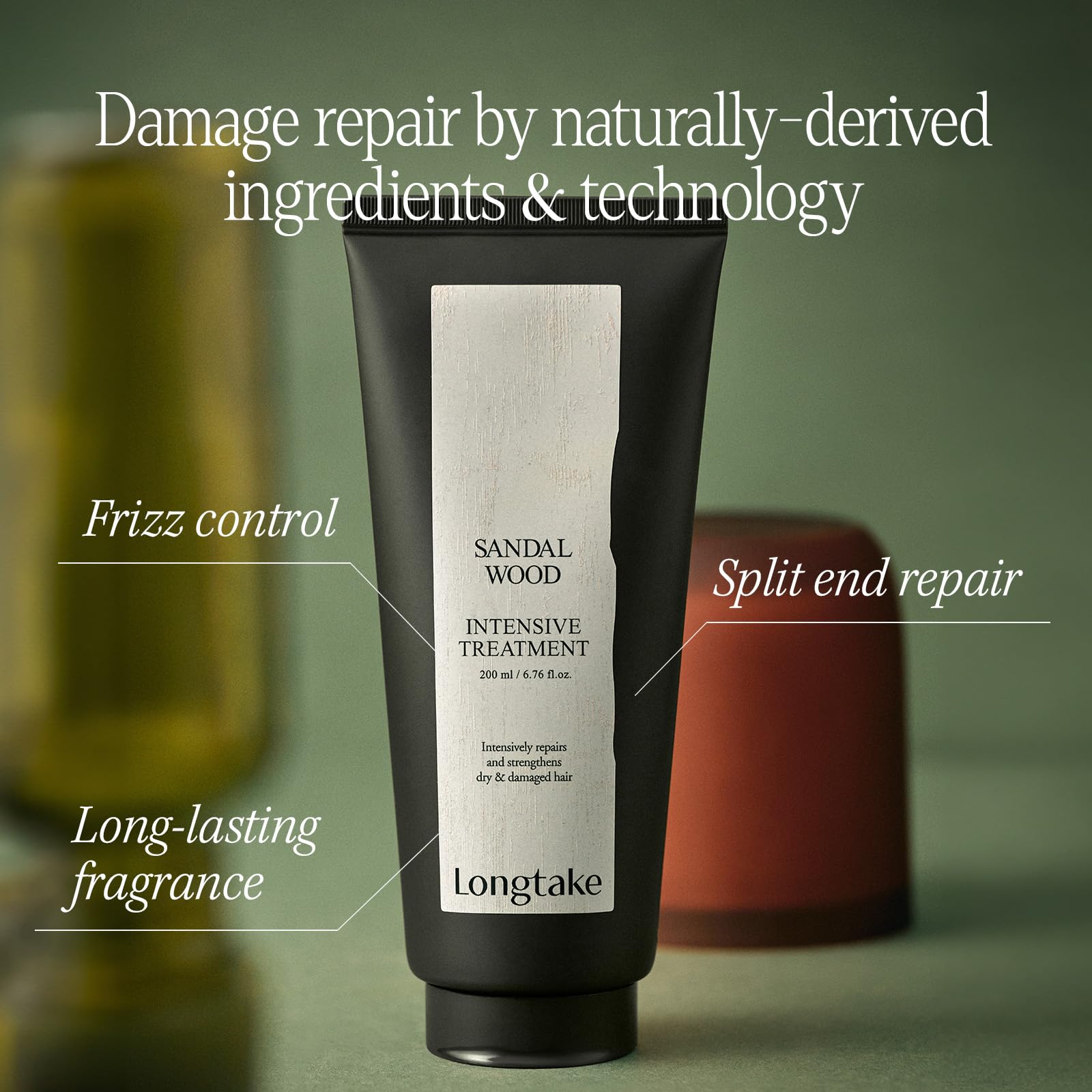 LONGTAKE Sandalwood Treatment ingredients view shows phyto-keratine complex for hair repair.