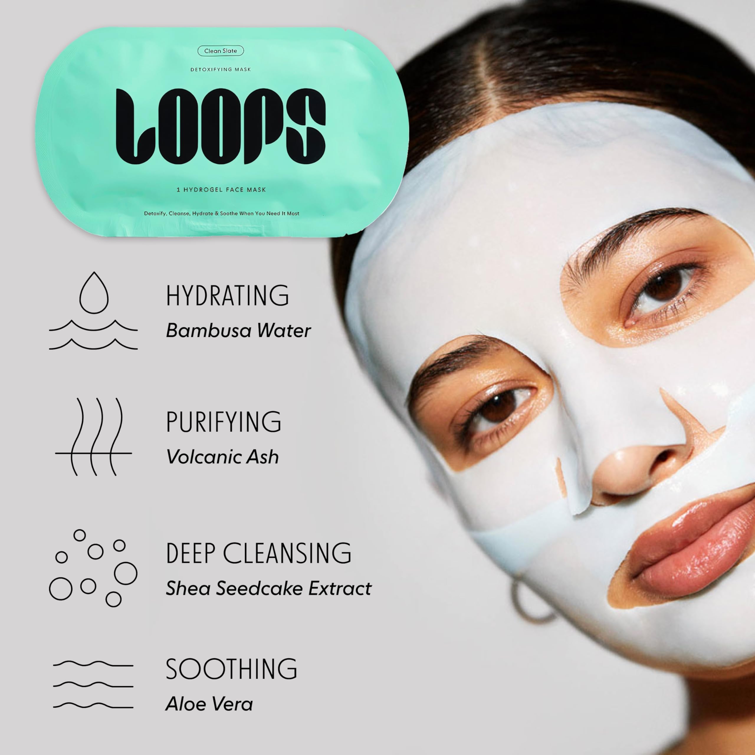 LOOPS CLEAN SLATE cruelty-free graphic highlights clean ingredients and sustainable skincare.