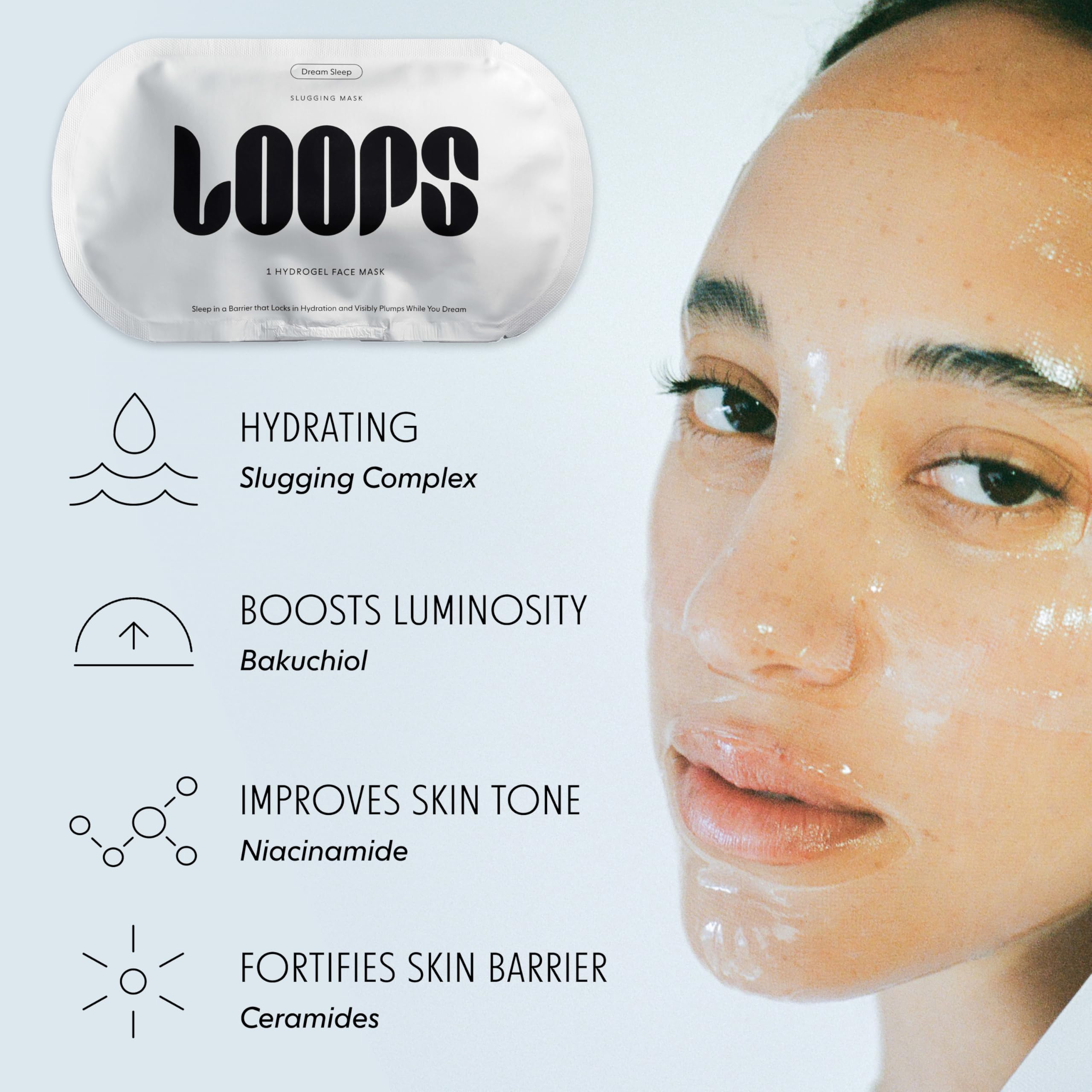 LOOPS DREAM SLEEP hydrogel texture closeup showing cooling, hydrating interface