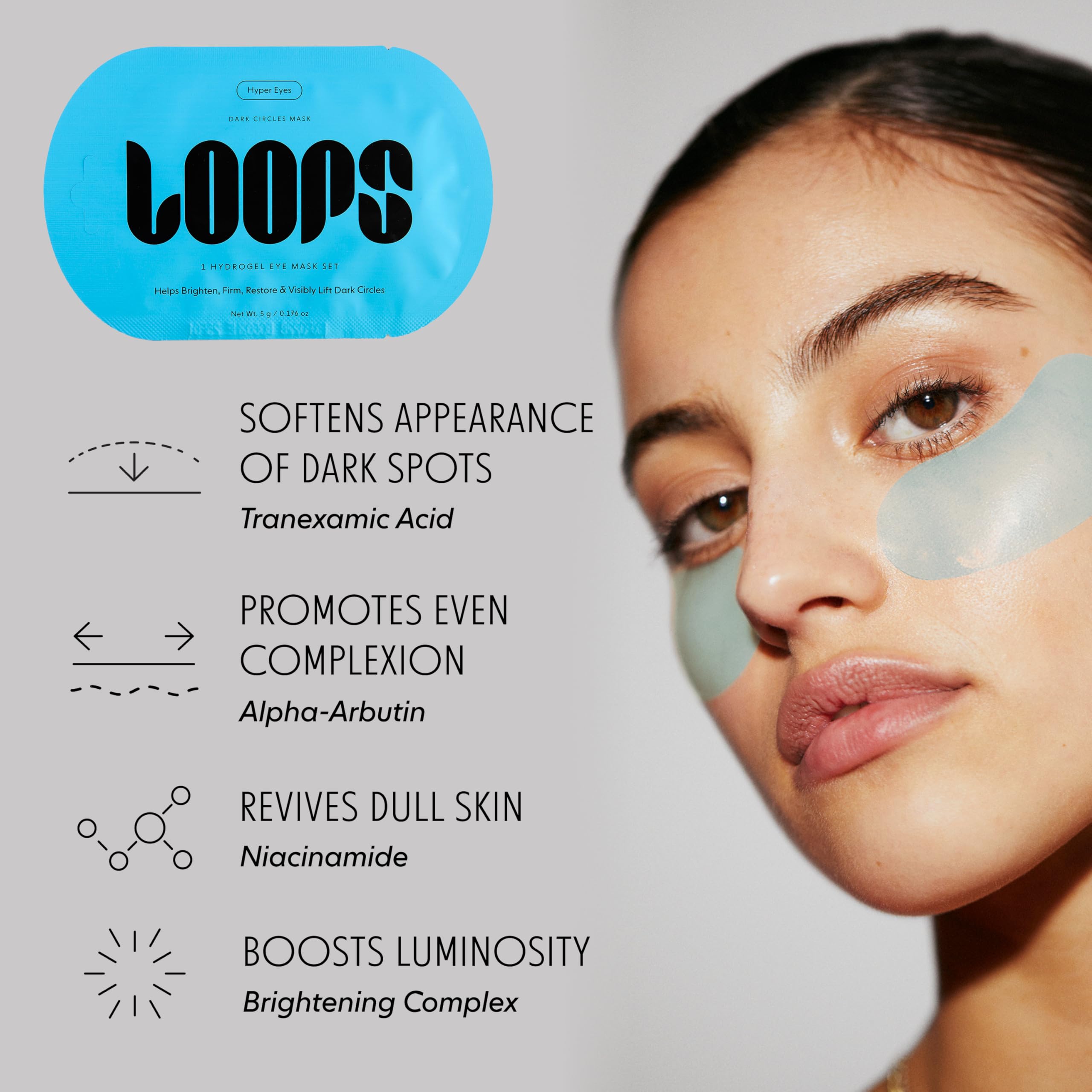 LOOPS Eyes Revival Hyper Eyes mask reduces puffiness for an awake look.