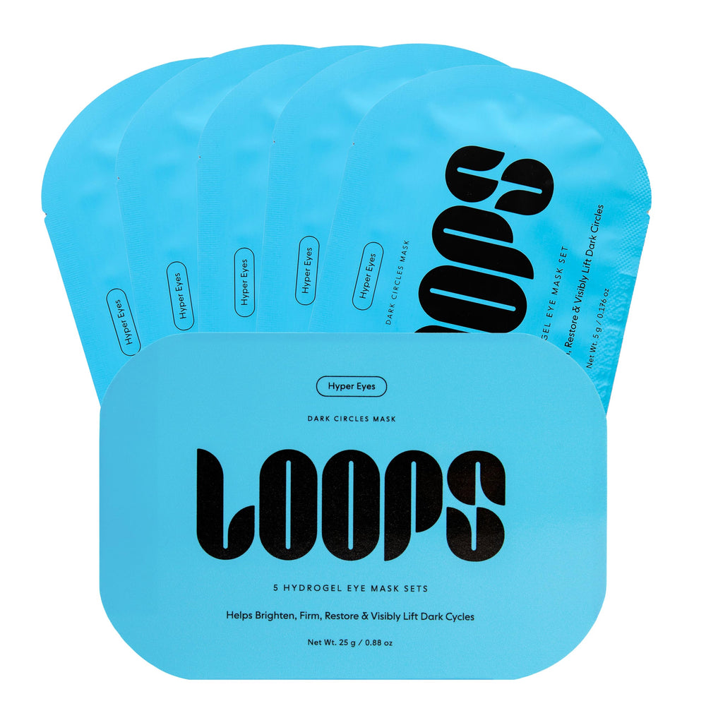 LOOPS Hyper Smooth Eye Mask packaging shows two-piece design for universal fit and rejuvenation