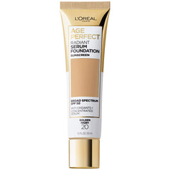 L'Oreal Paris Age Perfect Radiant Serum Foundation bottle close-up for easy, even application.