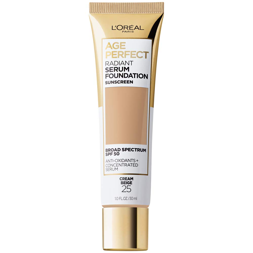 L'Oreal Paris Age Perfect Radiant Serum Foundation bottle with SPF 50 provides hydrated, even coverage.