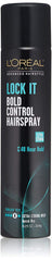 L’Oréal Paris Lock It Bold Control hairspray bottle shown for long-lasting hold.