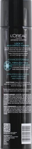 Lock It Bold Control hairspray mist visible on hair for even hold.