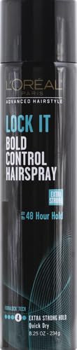 L’Oréal Paris Lock It spray nozzle releasing quick-dry mist for styling.