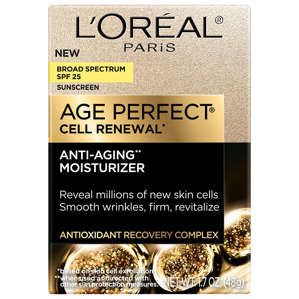L'Oreal Paris Age Perfect Cell Renewal SPF 25 label on jar, protecting skin from UVA/UVB.
