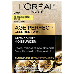L'Oreal Paris Age Perfect Cell Renewal SPF 25 label on jar, protecting skin from UVA/UVB.