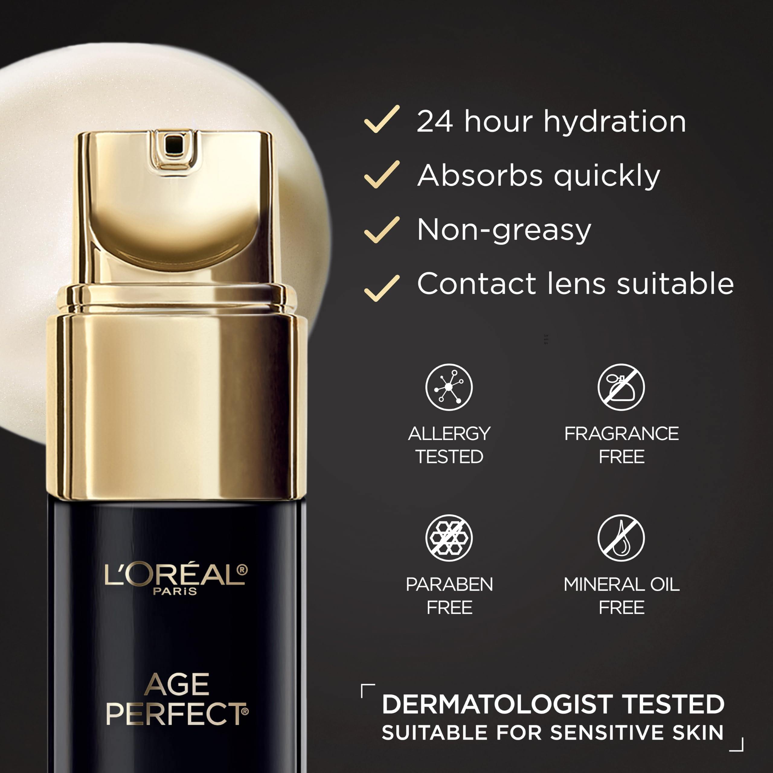L'Oreal Paris Age Perfect eye cream box front noting dermatologist-tested and fragrance-free.