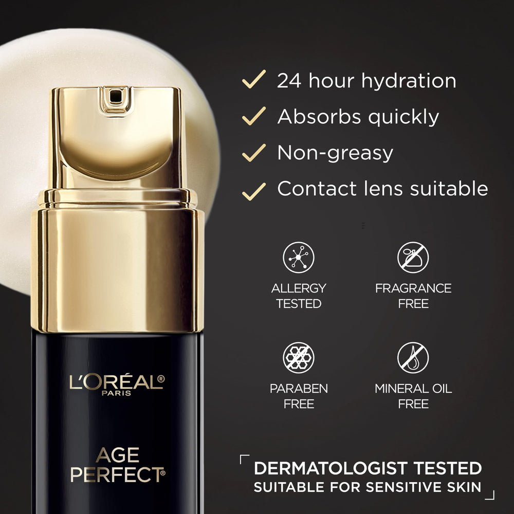 L'Oreal Paris Age Perfect eye cream box front noting dermatologist-tested and fragrance-free.