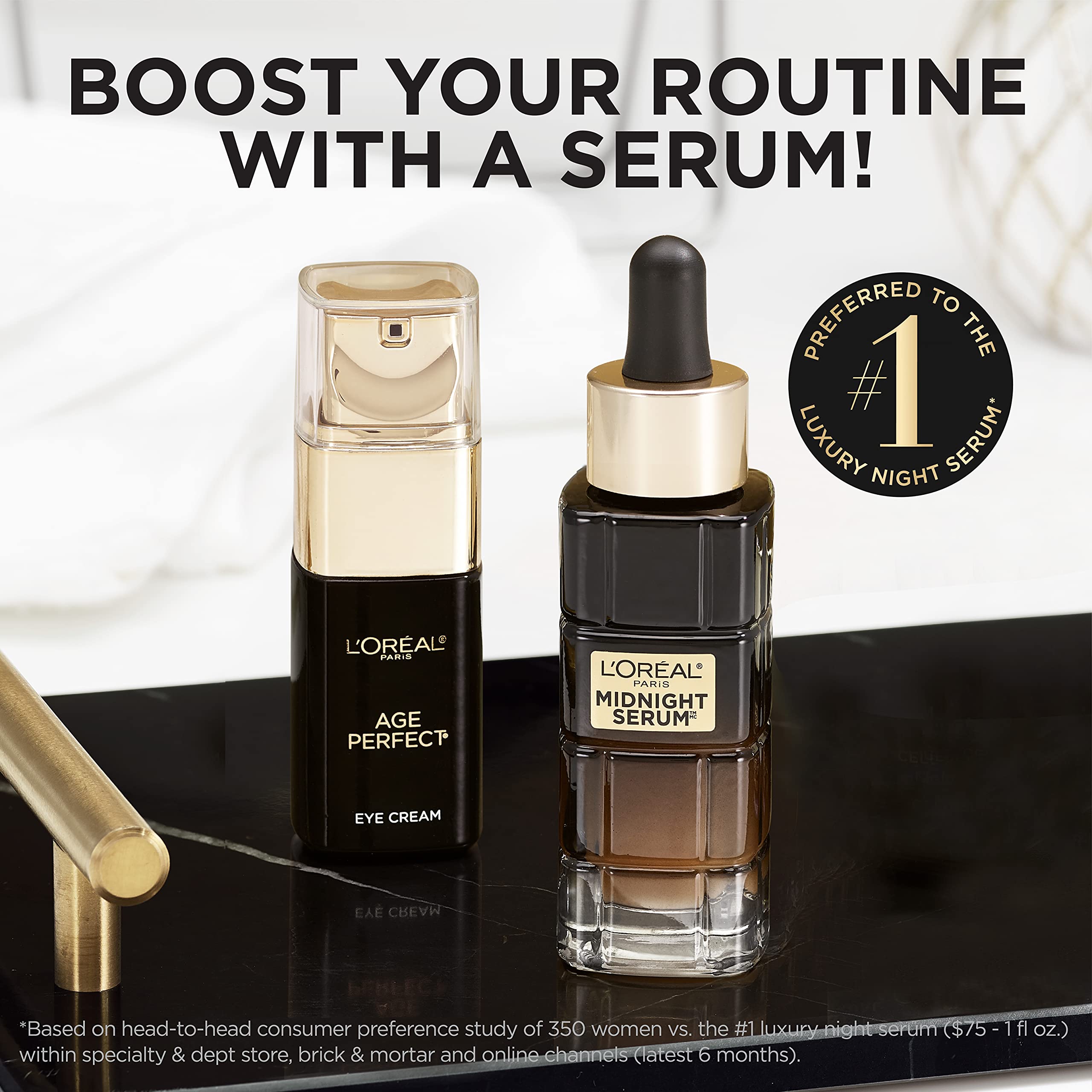L'Oreal Paris Age Perfect eye cream with Midnight Serum appears on vanity.