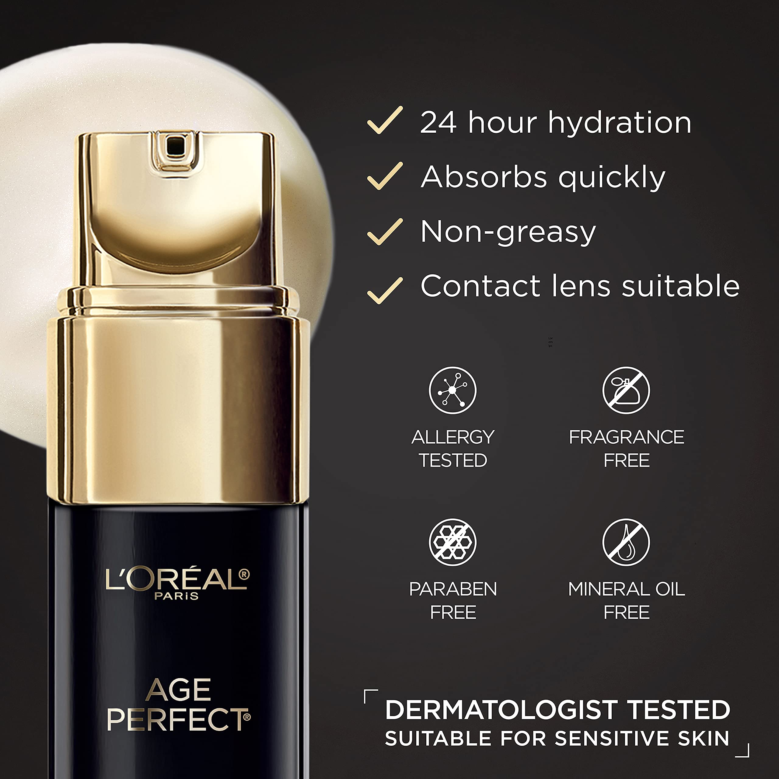 L'Oreal Paris Age Perfect eye cream texture shown as non-greasy and quick-absorb.