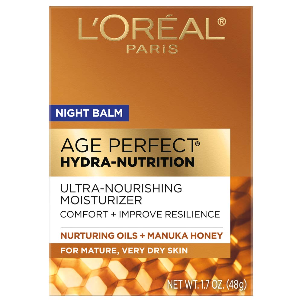 L'Oreal Paris Age Perfect Hydra-Nutrition Night Balm jar close-up showing rich nourishment for dry skin.