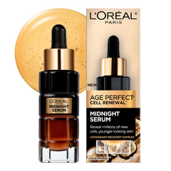 L'Oreal Paris Age Perfect Midnight Serum bottle closeup for luxury nightly hydration.