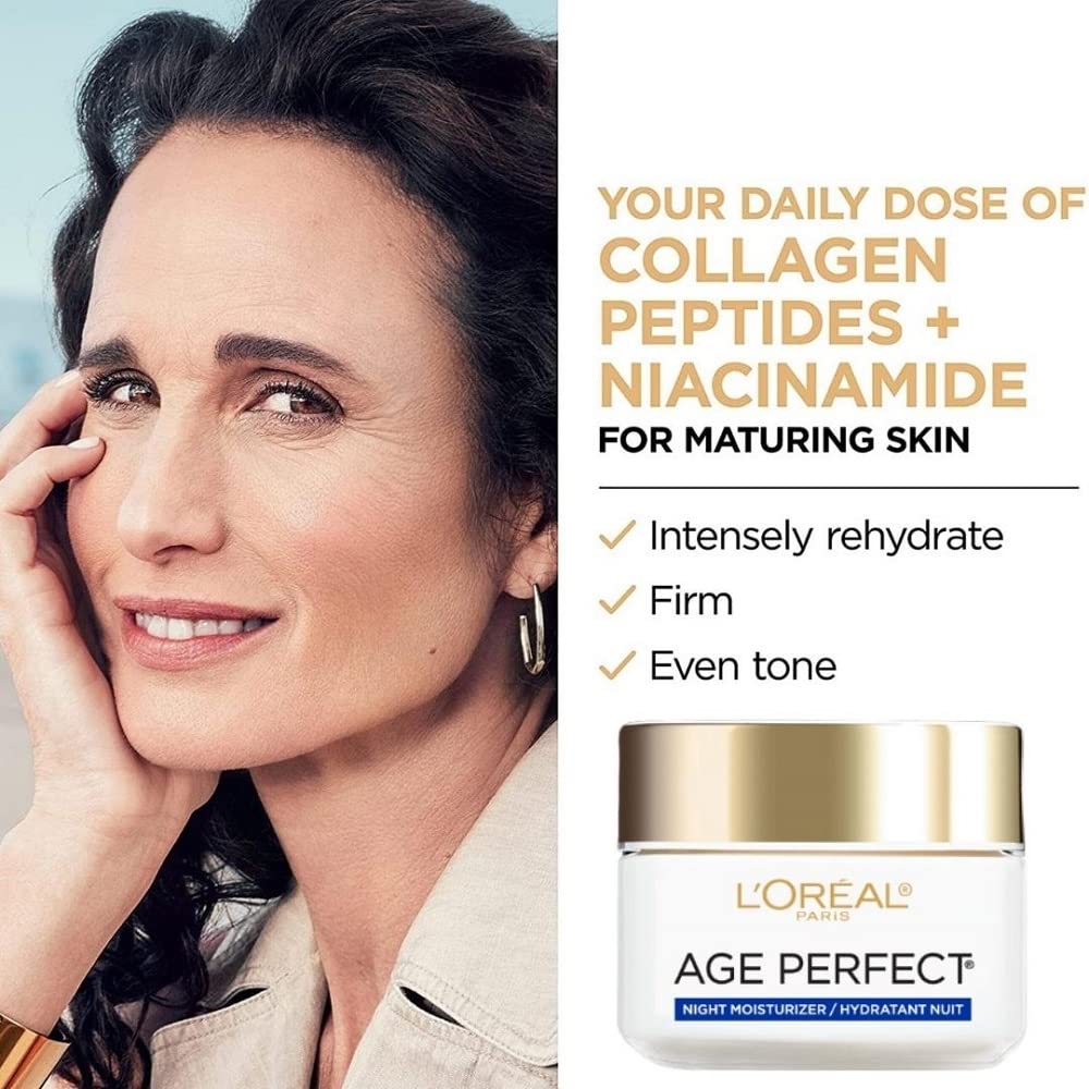 L'Oreal Paris Age Perfect Night Cream jar packaging showcases product for 50+ mature skin care.