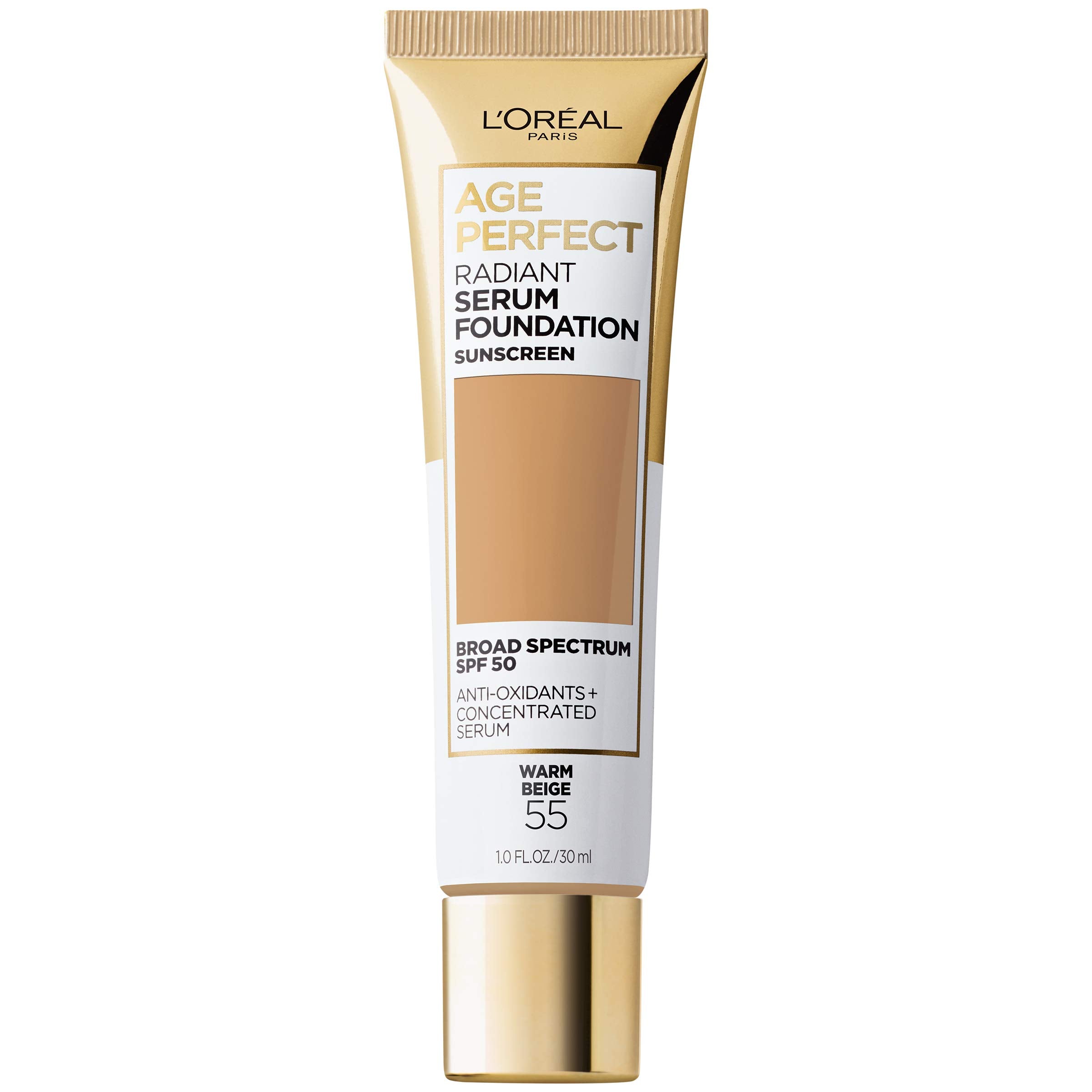 L'Oreal Paris Age Perfect Radiant Serum Foundation bottle closeup highlights hydration for mature skin
