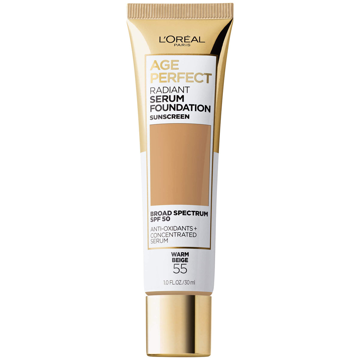 L'Oreal Paris Age Perfect Radiant Serum Foundation bottle closeup highlights hydration for mature skin