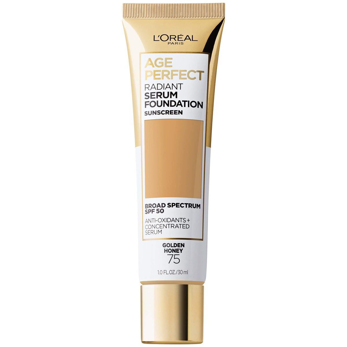 L'Oreal Paris Age Perfect Radiant Serum Foundation Golden Honey bottle demonstrates lightweight coverage