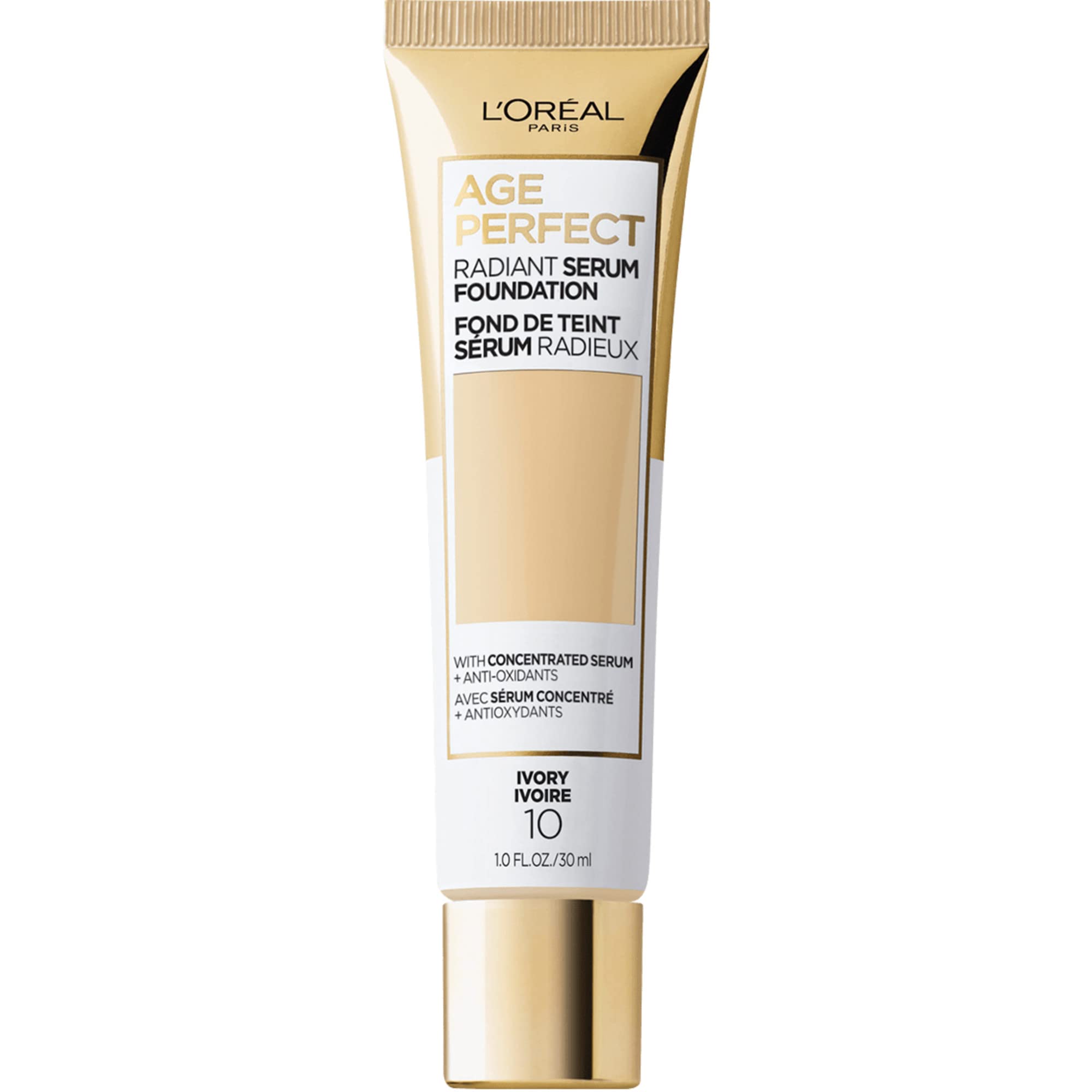 L'Oreal Paris Age Perfect Radiant Serum Foundation Ivory bottle with SPF 50 for all-day hydration