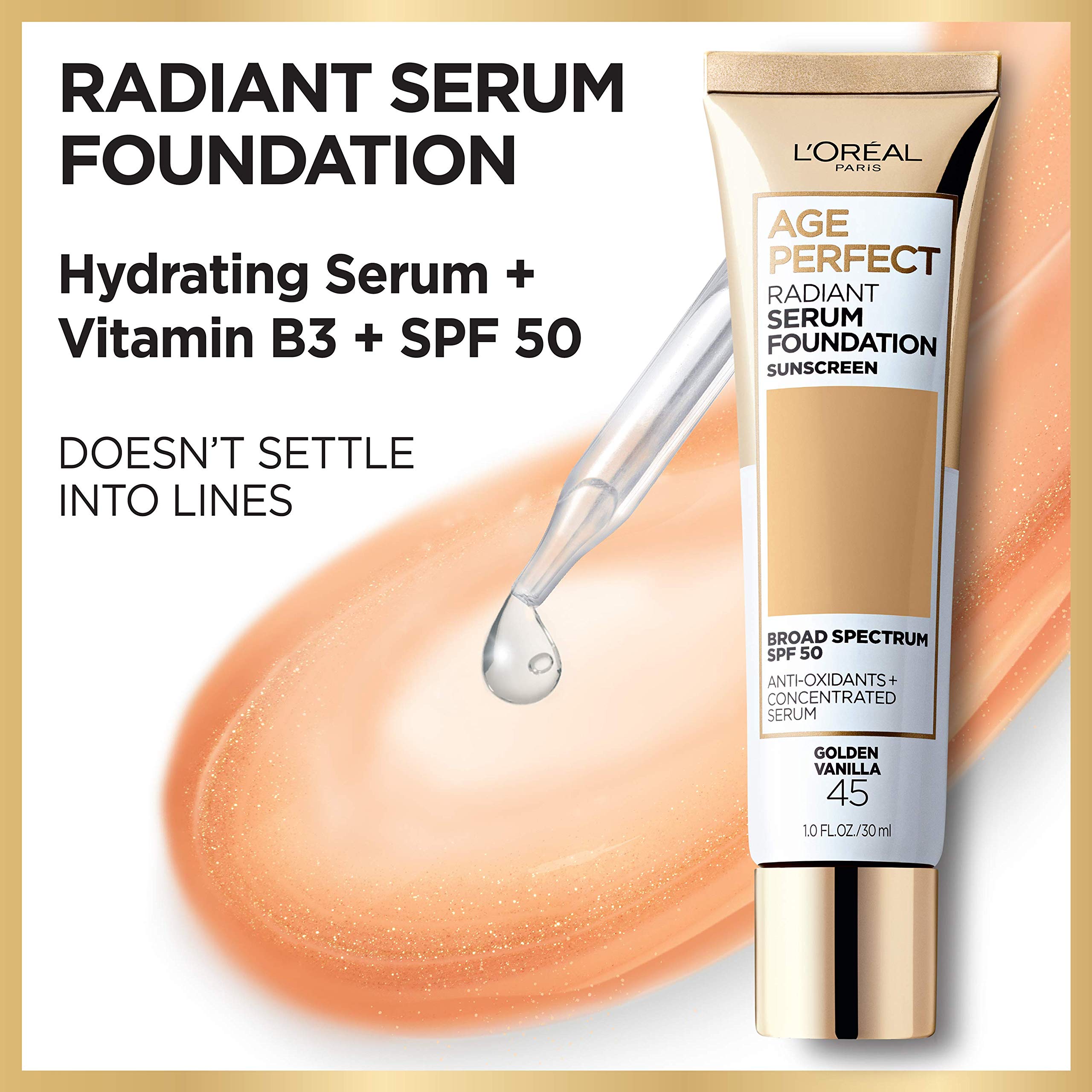 L'Oreal Paris Age Perfect Radiant Serum Foundation swatches on arm reveal natural, radiant tone for mature skin.