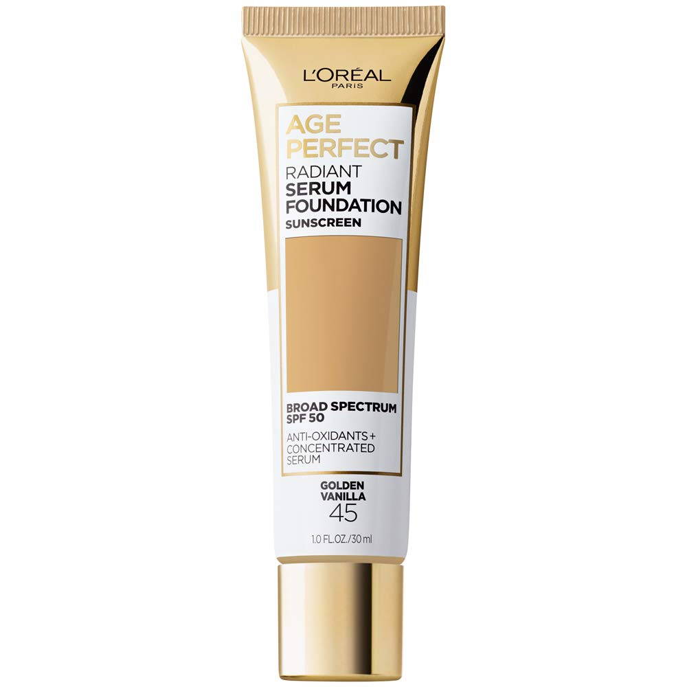 L'Oreal Paris Age Perfect Radiant Serum Foundation bottle shows hydrating, SPF 50 coverage.
