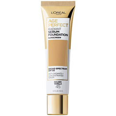 L'Oreal Paris Age Perfect Radiant Serum Foundation bottle shows hydrating, SPF 50 coverage.
