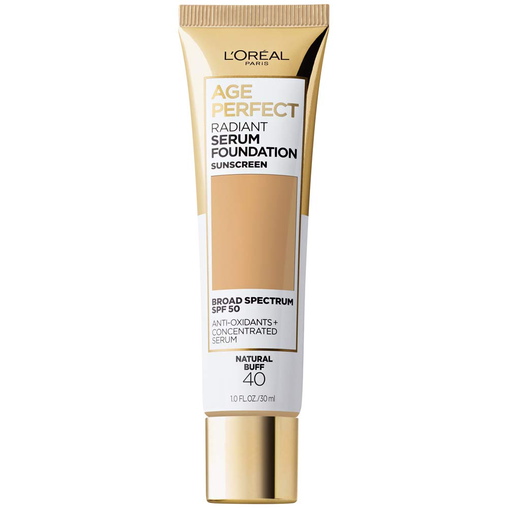 L'Oreal Paris Age Perfect Radiant Serum Foundation bottle with SPF 50 hydrates mature skin