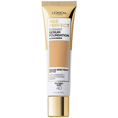 L'Oreal Paris Age Perfect Radiant Serum Foundation bottle with SPF 50 hydrates mature skin