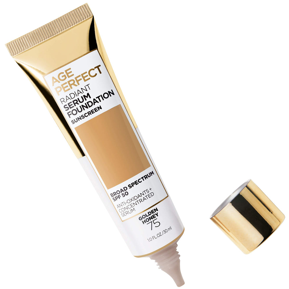 L'Oreal Paris Age Perfect Radiant Serum Foundation swatch shows natural radiant finish for mature skin