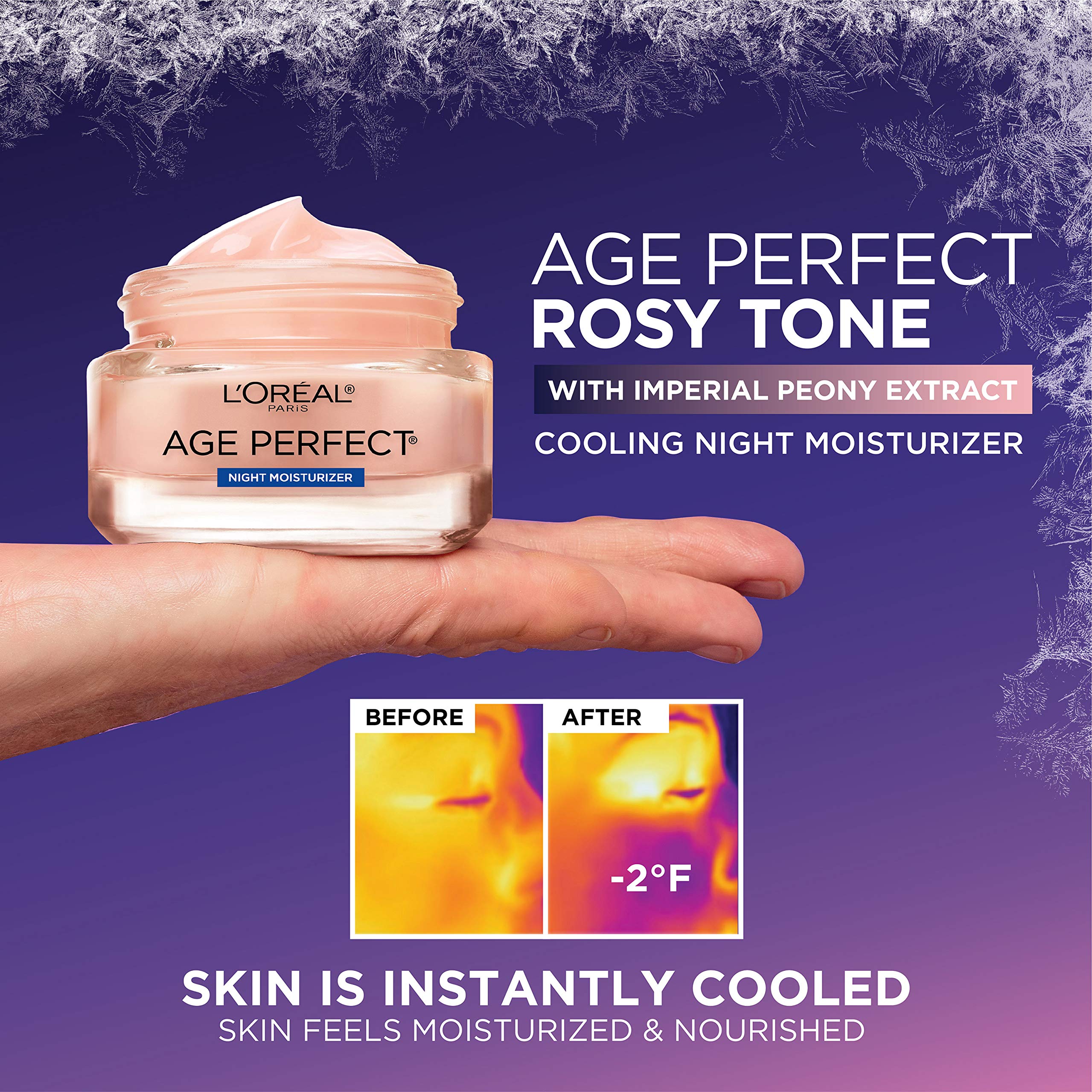 L'Oreal Paris Age Perfect Rosy Tone non-greasy texture, absorbs quickly for overnight comfort.