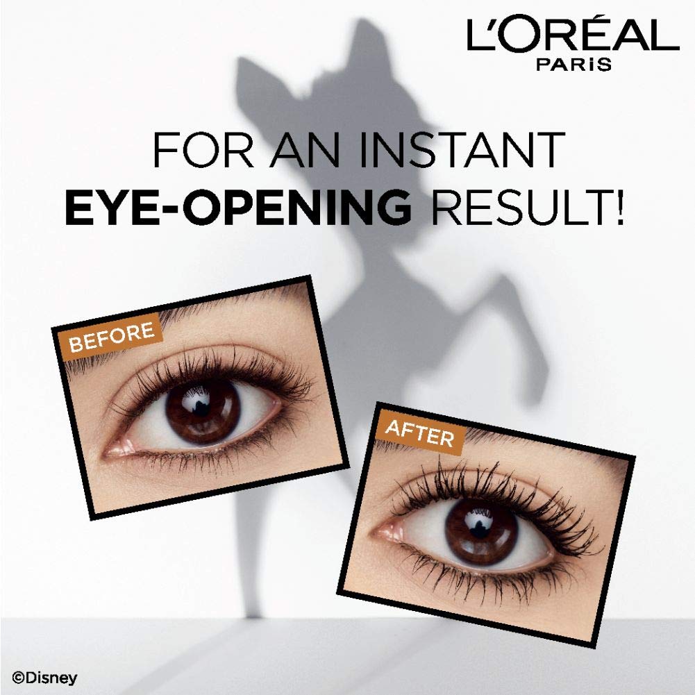 L'Oreal Paris Bambi Eye Mascara before-and-after showing lifted, curled lashes