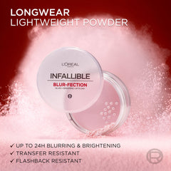 L'Oreal Paris loose powder dispersed in air illustrating lightweight, breathable coverage