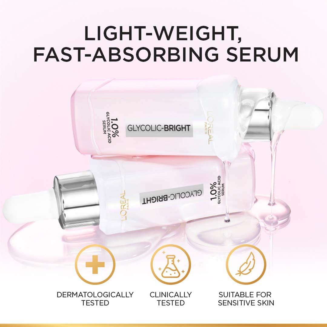 L'Oréal Paris Brightening Serum label close-up highlights spots and even tone benefits