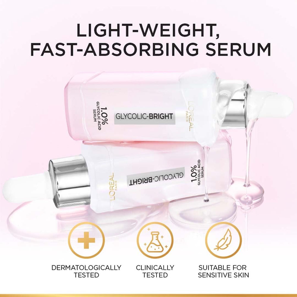 L'Oréal Paris Brightening Serum label close-up highlights spots and even tone benefits