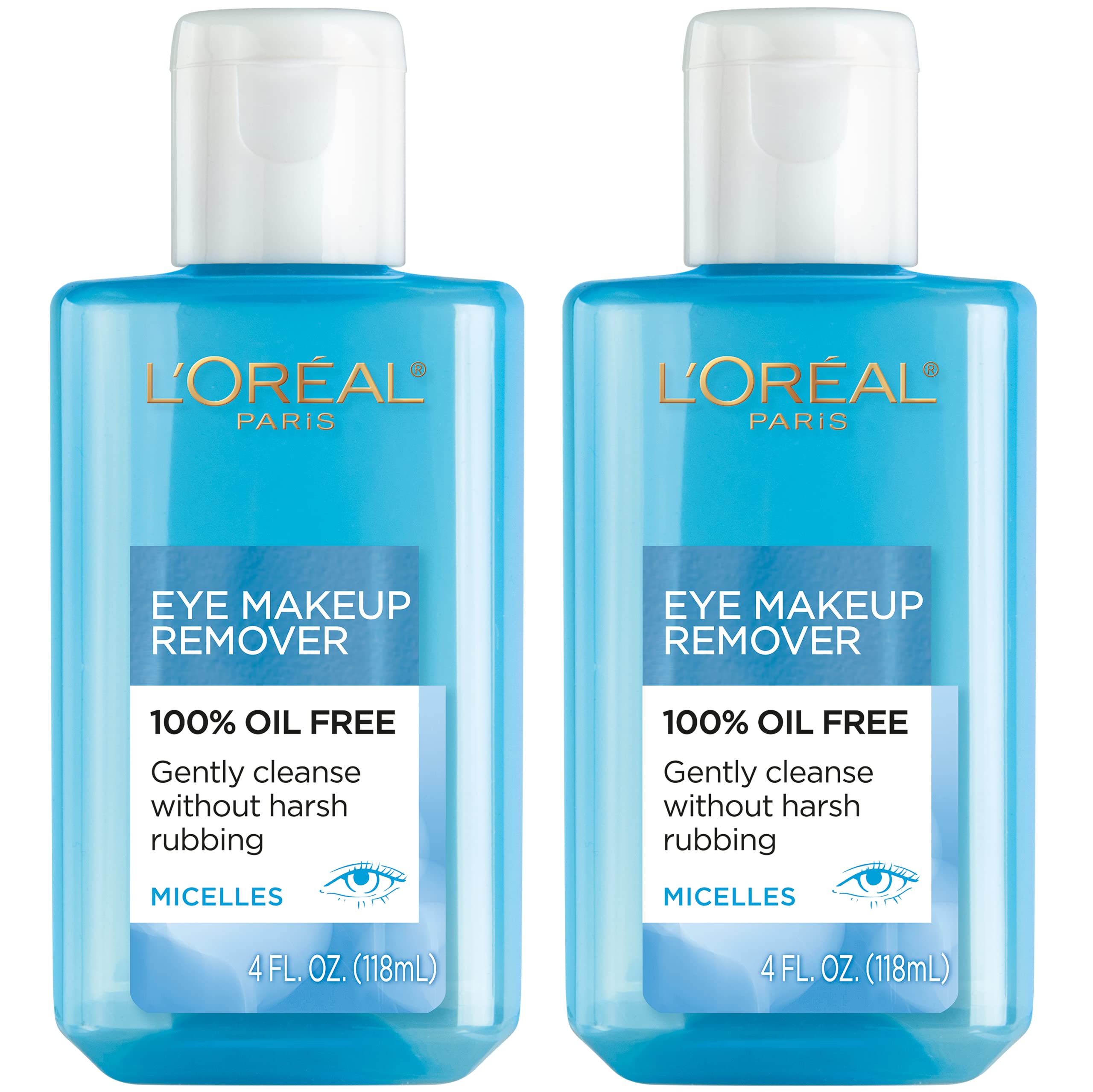 L'Oreal Paris Clean Artiste eye makeup remover bottle close-up for oil-free cleansing.