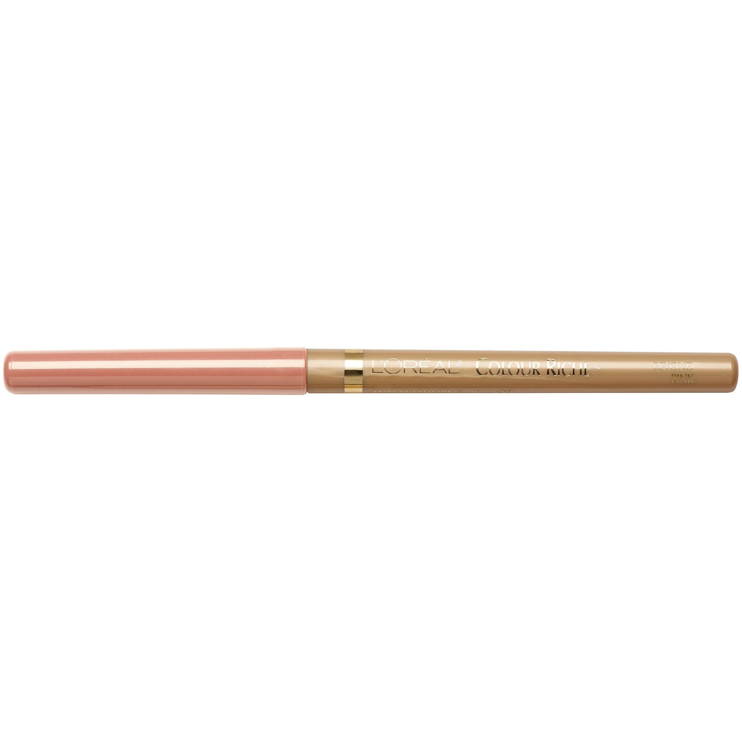 L'Oreal Paris Colour Riche Lip Liner Beyond Pink swatch on lips shows creamy texture and bold look.