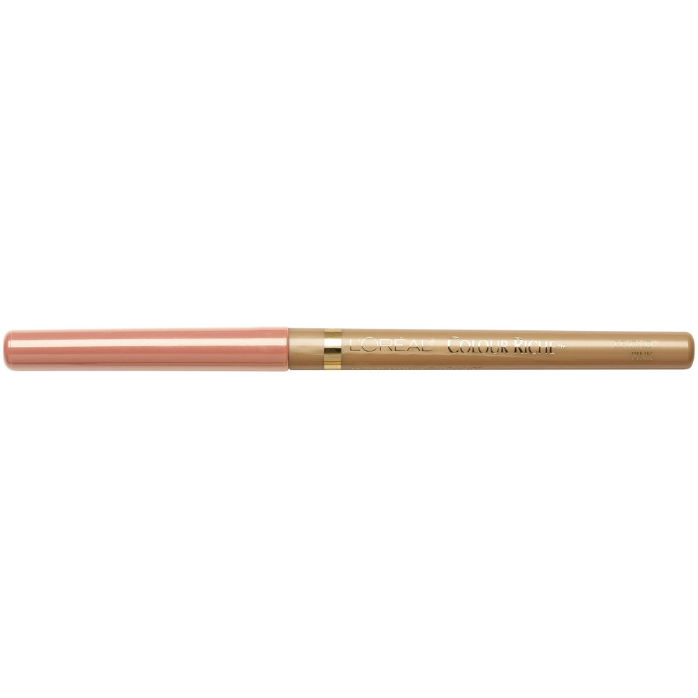 L'Oreal Paris Colour Riche Lip Liner Beyond Pink swatch on lips shows creamy texture and bold look.