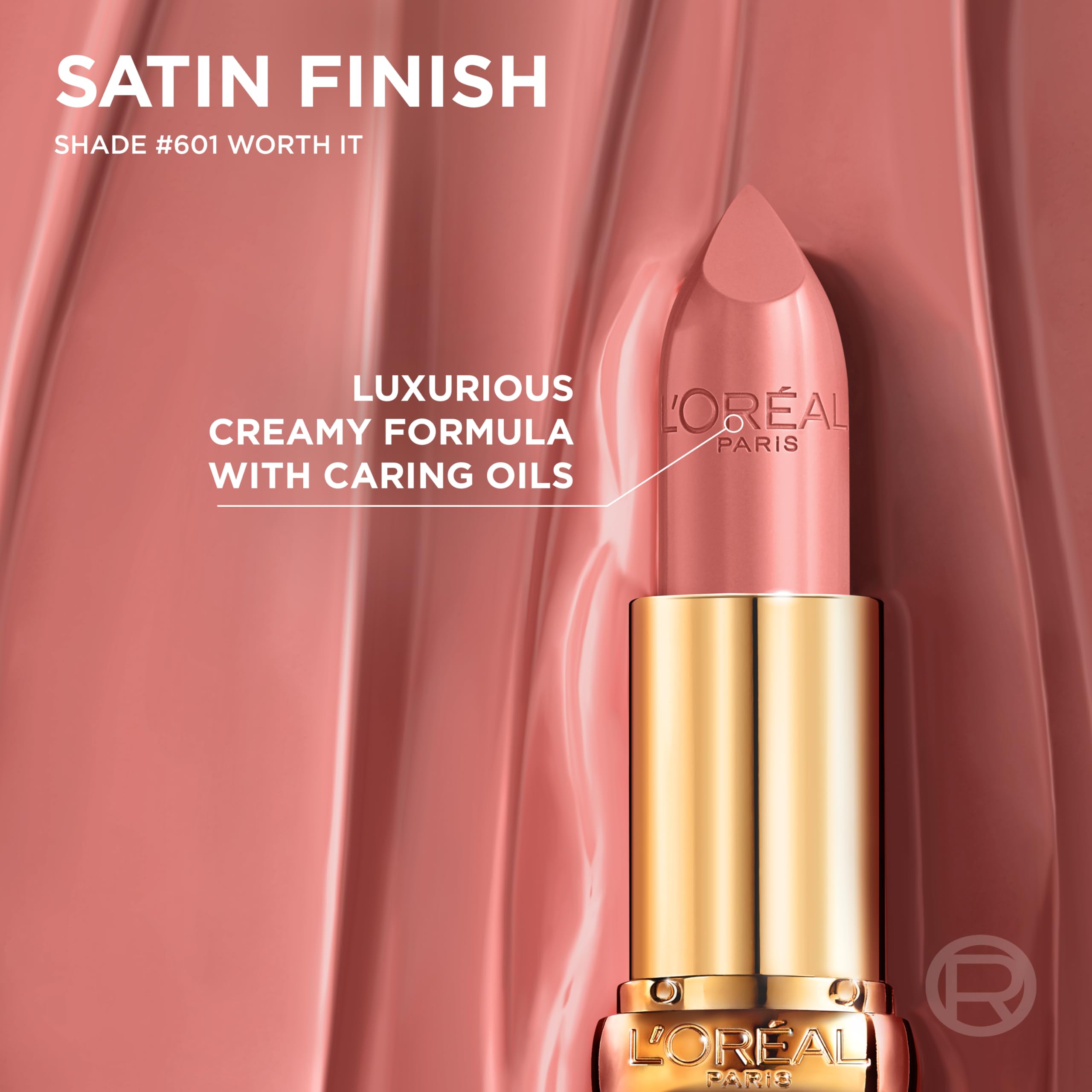 L'Oreal Paris Colour Riche Satin Lipstick with argan oil ingredient note.