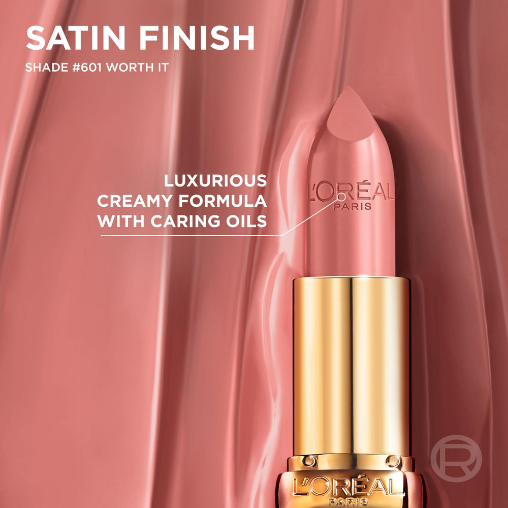 L'Oreal Paris Colour Riche Satin Lipstick with argan oil ingredient note.